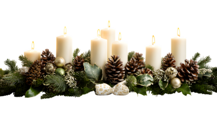 Elegant Christmas dinner table border with candles, pinecones, and greens isolated on white background