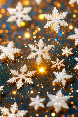 Glittering snowflakes on sparkling golden surface with bokeh effect.