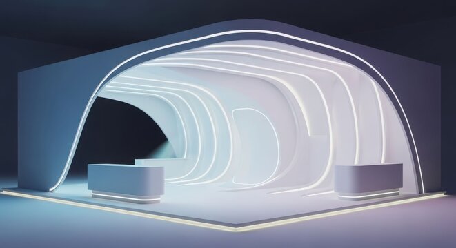 A modern, futuristic exhibition stand with glowing LED lights and minimalist counters, designed for a trade show or event.