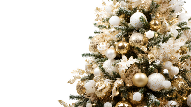 Elegant Christmas tree studio shot decorated with white and gold ornaments isolated on white background - Powered by Adobe