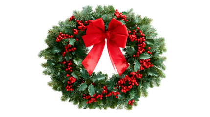 Elegant Christmas wreath made from pine, holly, and red berries with ribbon bow isolated on white background