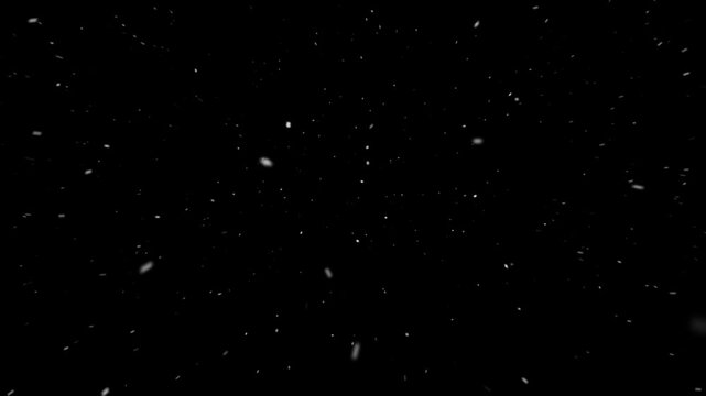 Realistic snowfall blowing toward the camera on black background, falling snow flake particle effects for christmas holiday celebration, overlay facing natural winter storm backdrop

