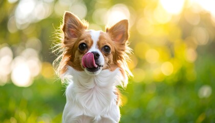 Cute brown and white chihuahua licks its nose in a grassy field, with blurred sunny bokeh background