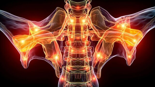 3D Medical Illustration of Spine and Joints Anatomy, Highlighting Sinusitis and Inflammation in Detailed Render of Skeletal Complexity