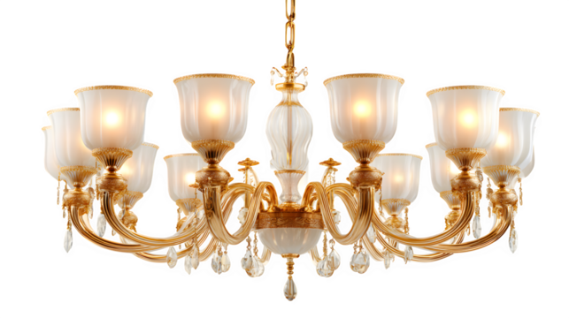 Elegant chandelier set featuring warm glowing lights and gold trim isolated on white background
