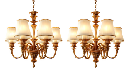 Elegant chandelier set featuring warm glowing lights and gold trim isolated on white background