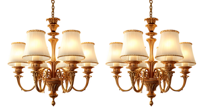 Elegant chandelier set featuring warm glowing lights and gold trim isolated on white background
