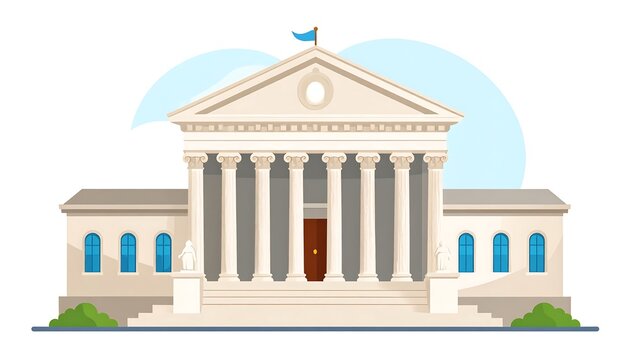 Flat illustration of a neoclassical building with columns, stairs, statues, blue windows, and a blue flag on top - Powered by Adobe