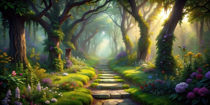 Enchanted Forest Path Sunlit Stone Steps Winding Through a Lush, Blooming Woodland Paradise