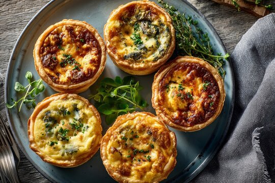 Plate with mini quiche assortment featuring six mini quiches topped with cheese, broccoli, herbs. Concept of rustic presentation, small savory egg pastry pies on wooden table.