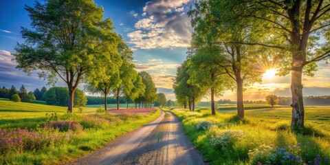 Serene Country Road at Sunset with Lush Green Trees and Vibrant Wildflowers