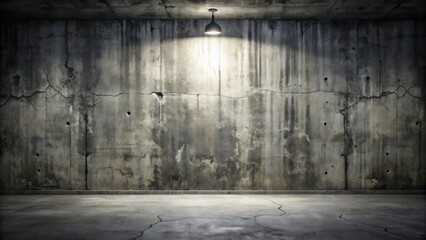 A dimly lit interior space featuring a weathered concrete wall and floor, illuminated by a single overhead lamp