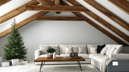 A warm, inviting attic living area features a comfortable sofa, rustic wooden beams, and minimalist decor for a charming vibe