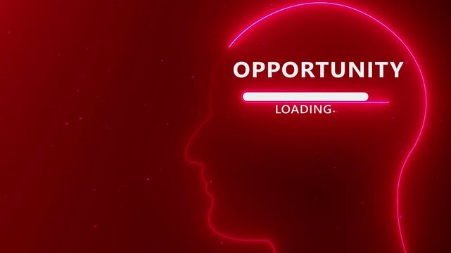 Neon outline of a human head profile with the word OPORTUNITY and a loading bar inside against a dark red background with glowing particles