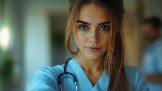 Caucasian woman doctor in light blue scrubs with stethoscope looking at camera with calm expression. Healthcare and medical professional concept, banner with copy space - Powered by Adobe