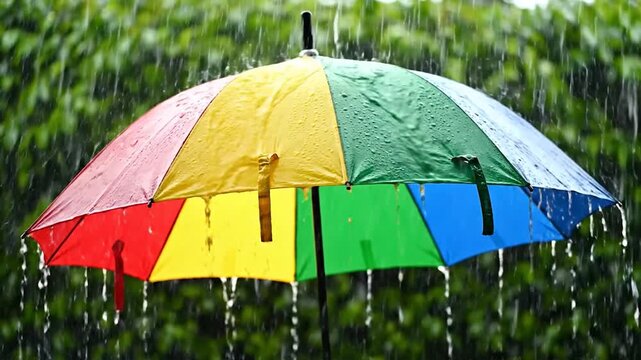 Vibrant rainbow umbrella in heavy rain video
