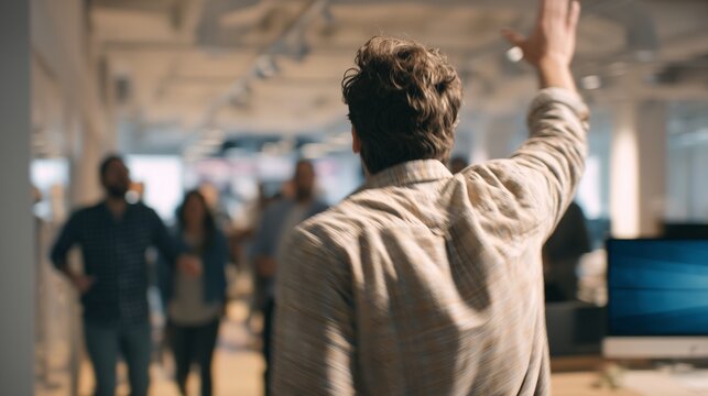 A man is seen walking into a bustling office, engaging his coworkers by waving enthusiastically. The modern office setting features multiple coworkers interacting and working.