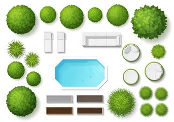 Topdown view of a modern backyard landscape design with a swimming pool and lush greenery