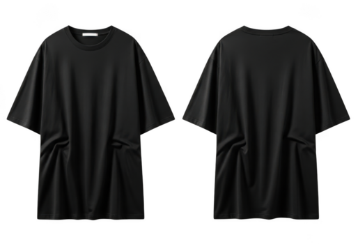 Two views of a black oversized kimono style shirt showing front and back details transparent background