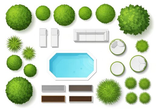 Topdown view of a modern backyard landscape design with a swimming pool and lush greenery