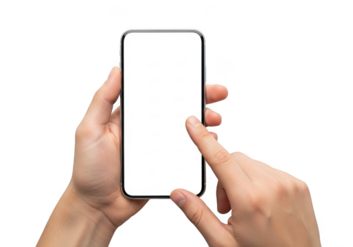 Hands holding smartphone with blank screen for your content overlay transparent background