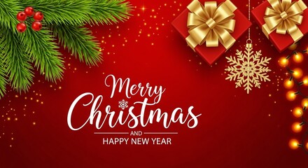 Festive Holiday Card Design With Text Merry And Happy New Year Featuring Presents Snowflake Lights Ornament On Rich Backdrop For Greetings