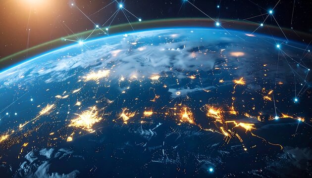 Earth view from space. City lights glow across the continents. Global network connections overlay the planet
