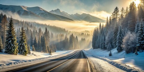 Serene Winter Journey A sunlit road winds through a snow-covered mountain forest, bathed in the golden light of dawn.