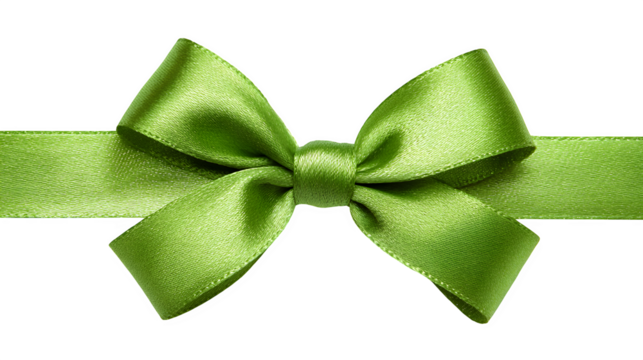 Elegant green ribbon bow with satin finish isolated on white background