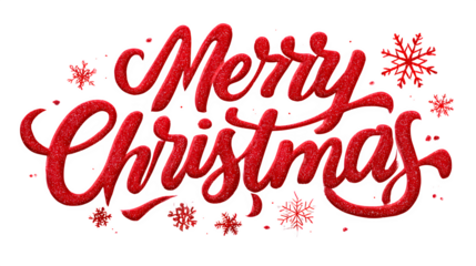 Elegant red "Merry Christmas" script with snowflake accents isolated on white background