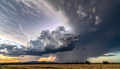 Obraz premium Dramatic storm clouds loom over a field, with visible rain shafts and a bright sky glow peeking through