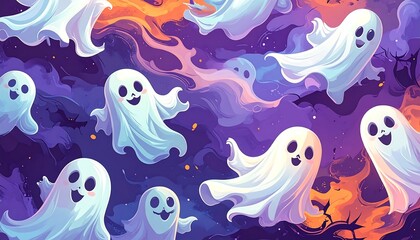 Cute, cartoon ghosts float amidst orange and purple clouds, evoking a whimsical, spooky Halloween vibe