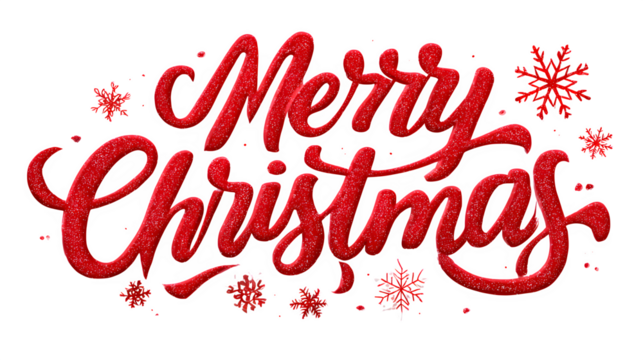 Elegant red "Merry Christmas" script with snowflake accents isolated on white background