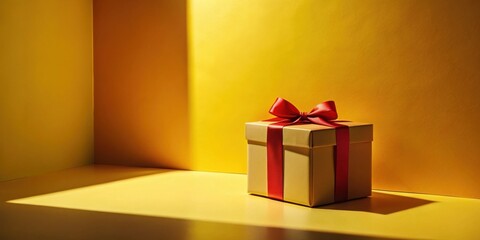 A Golden Present Box with a Crimson Ribbon, Bathed in Sunlight Against a Vibrant Yellow Backdrop