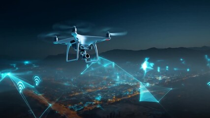Autonomous drone flying over a modern city at night, depicting a futuristic digital network with glowing data connections and communication lines. - Powered by Adobe