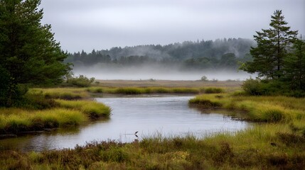 Misty bog landscape with calm water reeds and distant forest shrouded in fog under an overcast sky