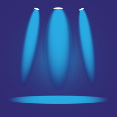 Three vibrant blue spotlights illuminate empty stage on deep blue