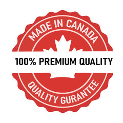 Made In Canada Premium Quality Guarantee Products Badge Canadian Trademark Seal Maple Leaf Illustration Red White Design