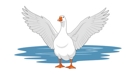 Cartoon Goose Spreading Wings Ready for Flight Isolated on White Background