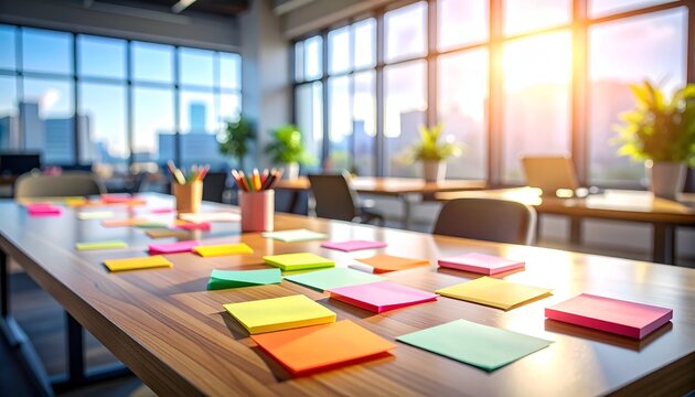 A bright, modern office space with a large table covered in colorful sticky notes
