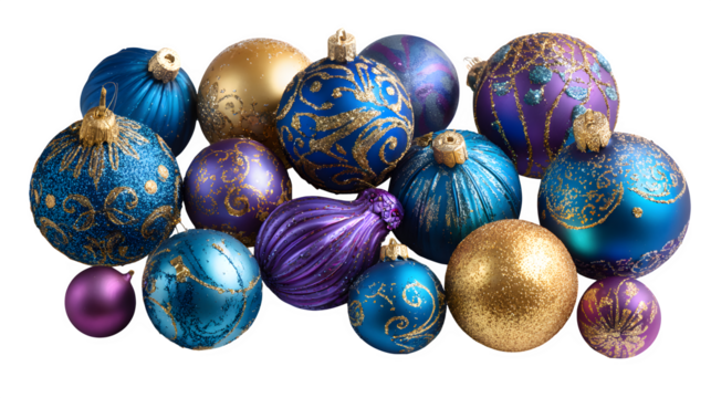 Elegant set of colorful Christmas ornaments in blue, gold, and purple tones isolated on white background