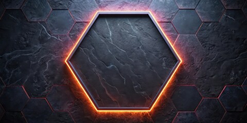 Hexagonal frame with vibrant orange glow on a dark stone honeycomb background ideal for presentation