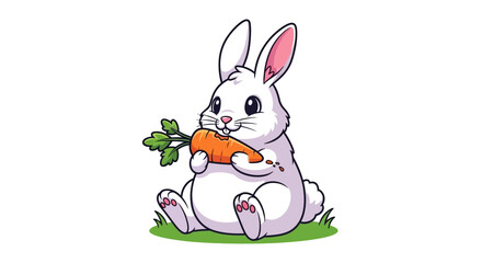 Cute White Rabbit Eating Carrot Cartoon Illustration on White Background