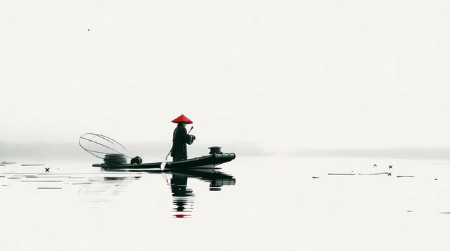 beautiful abstract chinese ink paint of fisherman in a boat in a middle of a lake, mist in the air. He wears a red chinese hat, the background is white, in a very minimalist style,
