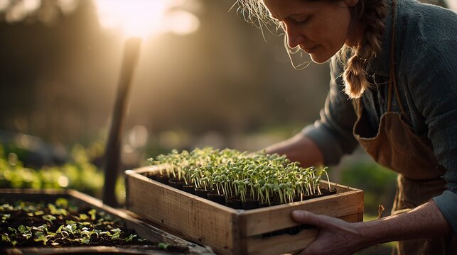 A woman gently tends to a wooden tray filled with tiny seedlings under the warm sunlight. The woman is focused on nurturing the seedlings, highlighting her love for gardening.