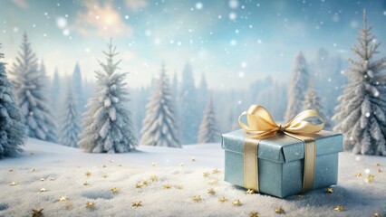 A Gift Wrapped in Gold, Resting on a Snowy Winter Landscape, Surrounded by Sparkling Stars