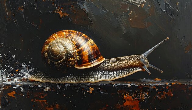 Detailed oil painting of a snail with a spiraled shell against a textured dark background - Powered by Adobe