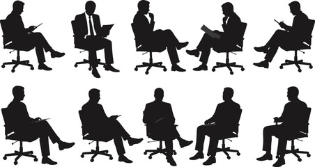 Business silhouettes, office chairs, corporate posture, professional teamwork, workplace concept, leadership, productivity, strategy, management, collaboration 
