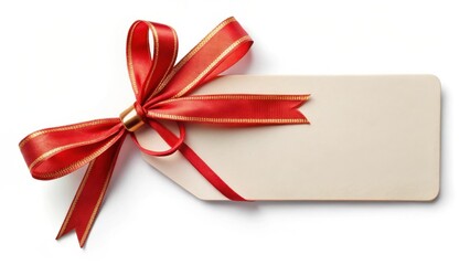 Elegant blank gift tag adorned with a festive red ribbon bow featuring gold accents, perfect for adding a personalized message