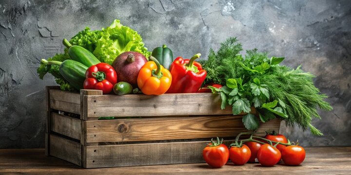 A rustic wooden crate overflowing with a vibrant harvest of fresh vegetables including bell peppers, cucumbers, lettuce, and herbs